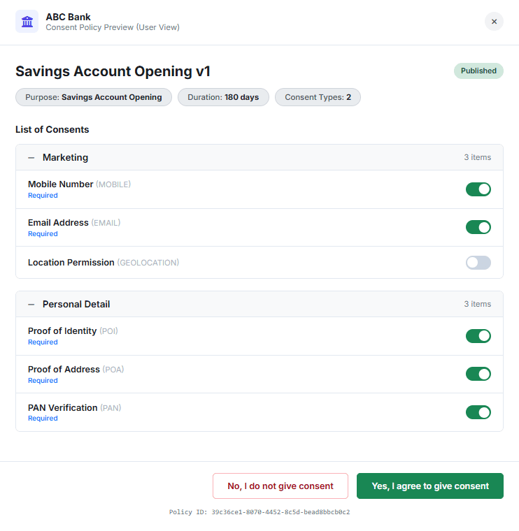 Consent notice modal preview