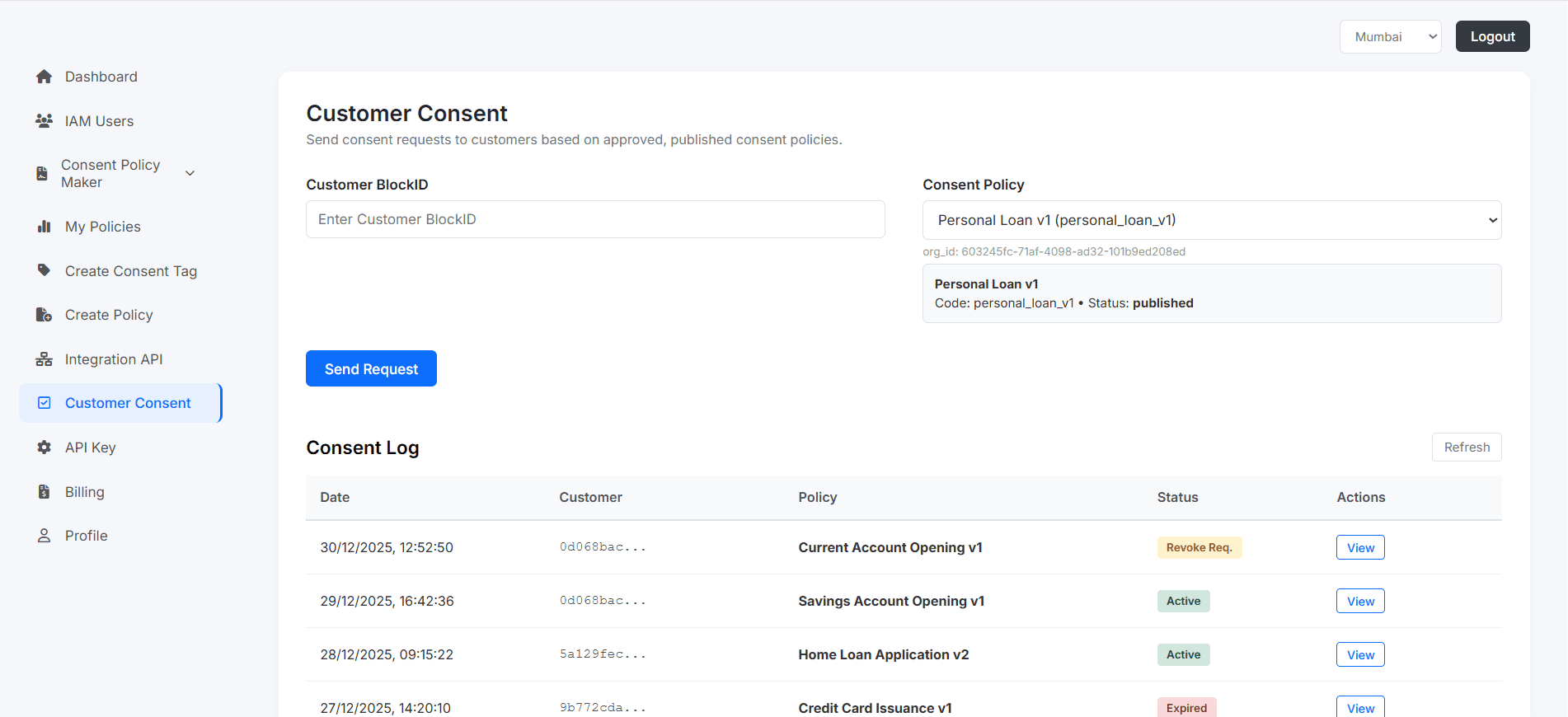 Consent Management dashboard preview